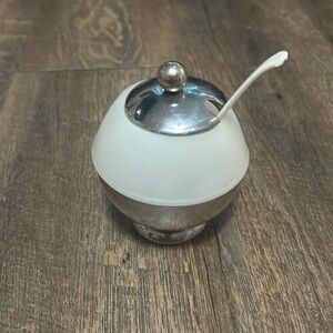 1930s Art Deco Chrome & Frosted Glass Condiment Server Jelly Jar with lid &Spoon